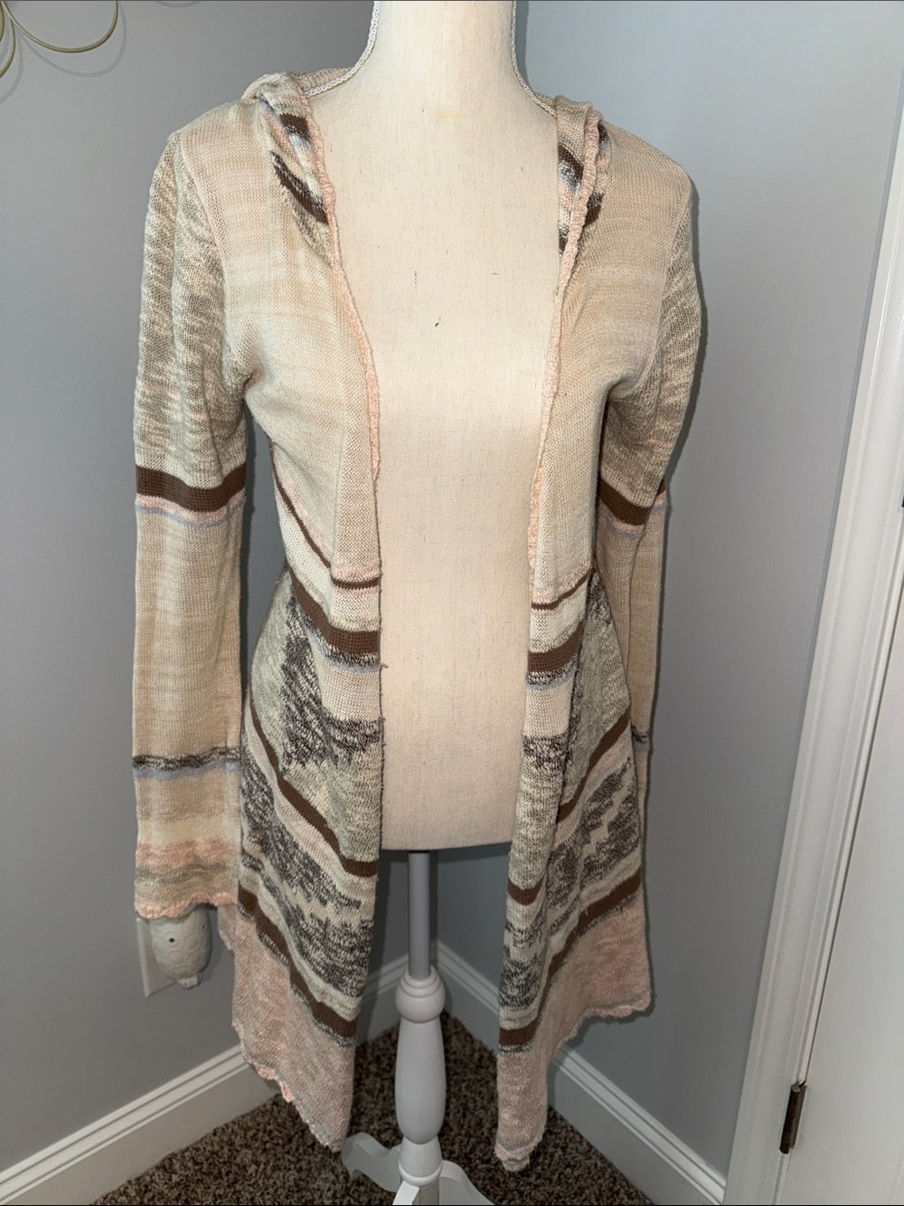 Vintage Mudd Striped Hooded Open Cardigan in Cream, Brown and Pink